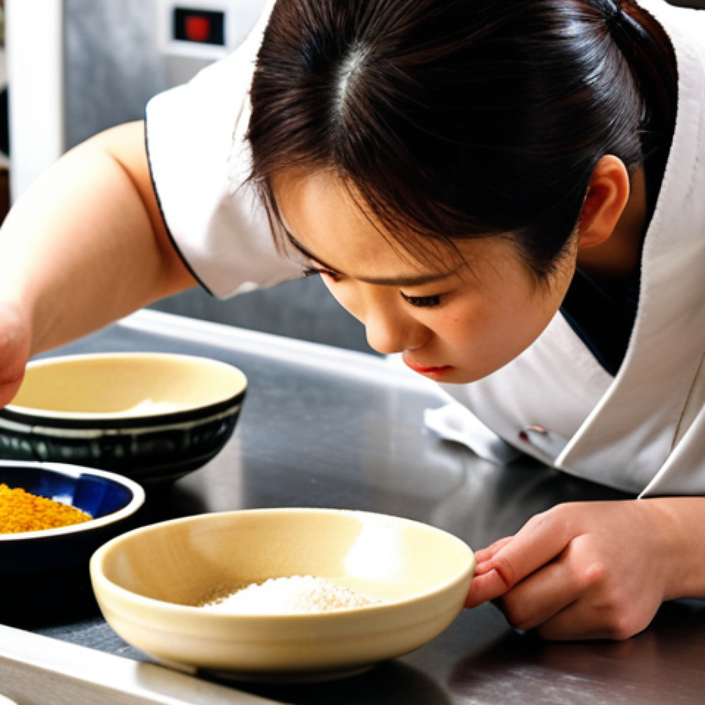 **

A tense culinary student meticulously measuring ingredients with measuring spoons and cups in a professional kitchen setting. Focus on the precision and concentration on their face, highlighting the importance of accurate measurements in Japanese traditional cuisine. The scene should feel slightly high-strung due to the pressure of the practical exam.

**