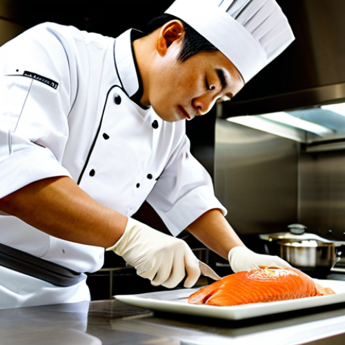 A focused professional Japanese cuisine chef, dressed in a crisp, modest white chef's uniform with a clean apron, meticulously performing precise knife work on fresh fish at a spotless stainless steel kitchen counter. The chef's hands are well-formed, demonstrating correct proportions and a natural pose as they slice. In the background, traditional Japanese ceramic bowls are neatly arranged, hinting at elegant plating. The kitchen is brightly lit with warm, natural light, emphasizing cleanliness and order. This image is safe for work, appropriate content, fully clothed, professional, with perfect anatomy, natural body proportions, and high-quality photography.