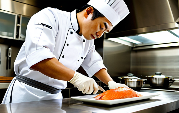 A focused professional Japanese cuisine chef, dressed in a crisp, modest white chef's uniform with a clean apron, meticulously performing precise knife work on fresh fish at a spotless stainless steel kitchen counter. The chef's hands are well-formed, demonstrating correct proportions and a natural pose as they slice. In the background, traditional Japanese ceramic bowls are neatly arranged, hinting at elegant plating. The kitchen is brightly lit with warm, natural light, emphasizing cleanliness and order. This image is safe for work, appropriate content, fully clothed, professional, with perfect anatomy, natural body proportions, and high-quality photography.