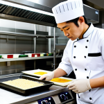 A professional Japanese chef in a spotless, modest washoku uniform meticulously inspecting a modern, clean kitchen. The chef is carefully checking temperatures with a digital thermometer near fresh ingredients on a gleaming stainless steel prep area, conveying precision and dedication to food safety. The background features a well-organized commercial kitchen with traditional elements. Professional photography, sharp focus, natural lighting, high quality, realistic, hyperdetailed, fully clothed, appropriate attire, professional dress, safe for work, appropriate content, perfect anatomy, correct proportions, natural pose, well-formed hands, proper finger count, natural body proportions.