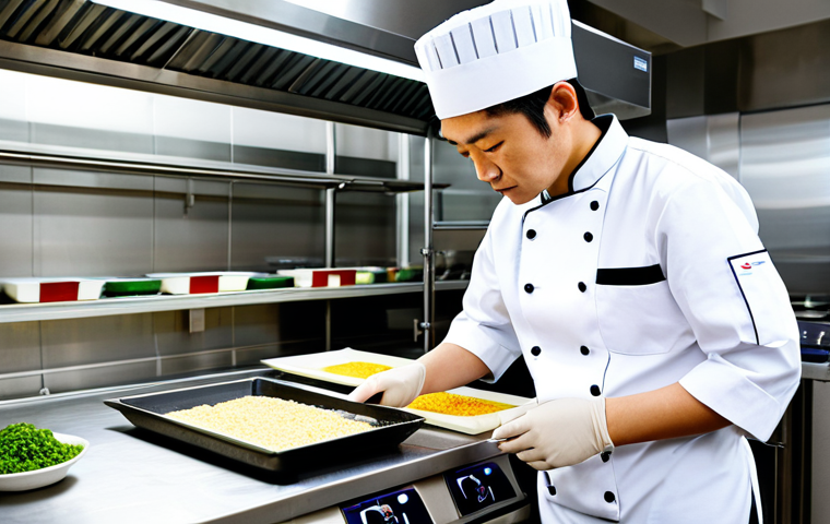 A professional Japanese chef in a spotless, modest washoku uniform meticulously inspecting a modern, clean kitchen. The chef is carefully checking temperatures with a digital thermometer near fresh ingredients on a gleaming stainless steel prep area, conveying precision and dedication to food safety. The background features a well-organized commercial kitchen with traditional elements. Professional photography, sharp focus, natural lighting, high quality, realistic, hyperdetailed, fully clothed, appropriate attire, professional dress, safe for work, appropriate content, perfect anatomy, correct proportions, natural pose, well-formed hands, proper finger count, natural body proportions.