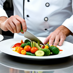 **

"A professional chef in a modern, well-lit kitchen, preparing a visually appealing dish featuring colorful, locally-sourced vegetables arranged artfully on a white plate. Fully clothed in chef's attire, demonstrating a technique like fine knife work or sauce drizzling. Background includes fresh ingredients and clean stainless steel surfaces. Safe for work, appropriate content, professional, family-friendly, perfect anatomy, correct proportions, natural pose, well-formed hands, proper finger count, natural body proportions."

**