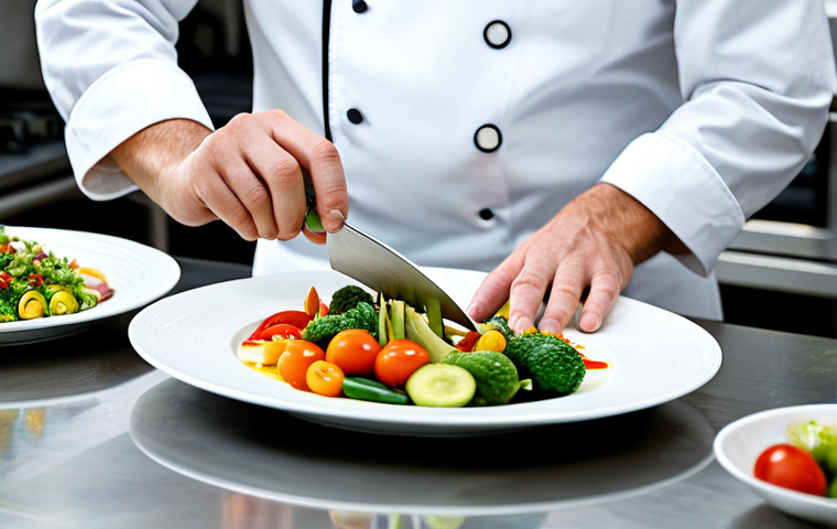 **

"A professional chef in a modern, well-lit kitchen, preparing a visually appealing dish featuring colorful, locally-sourced vegetables arranged artfully on a white plate. Fully clothed in chef's attire, demonstrating a technique like fine knife work or sauce drizzling. Background includes fresh ingredients and clean stainless steel surfaces. Safe for work, appropriate content, professional, family-friendly, perfect anatomy, correct proportions, natural pose, well-formed hands, proper finger count, natural body proportions."

**
