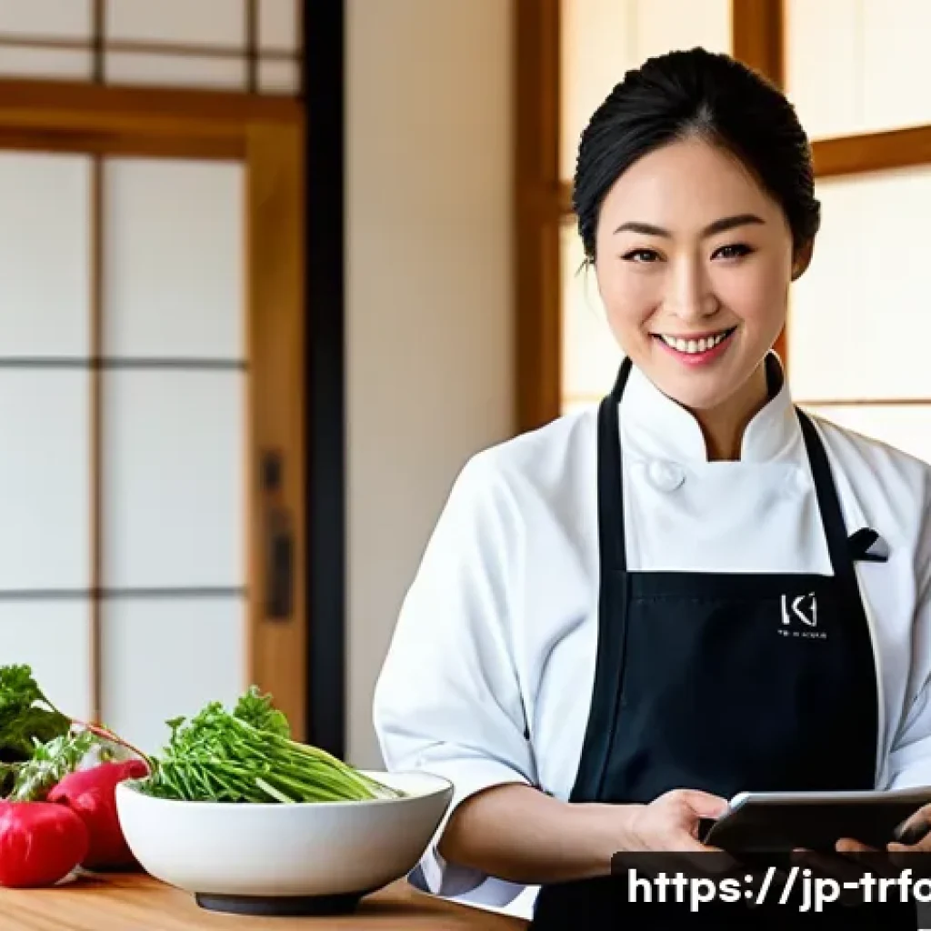 전통음식조리사의 작업 효율화 팁 - **Prompt:** A modern Japanese culinary artist, a woman in her late 30s with neatly tied-back hair an...