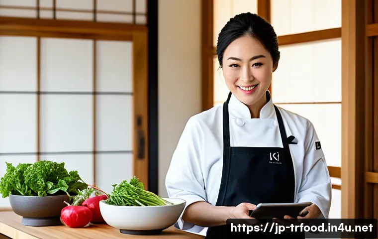 전통음식조리사의 작업 효율화 팁 - **Prompt:** A modern Japanese culinary artist, a woman in her late 30s with neatly tied-back hair an...