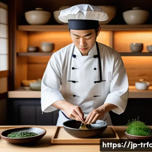전통음식조리사 국가별 자격증 비교 - A skilled Japanese washoku chef in a traditional kitchen, wearing a clean white chef’s uniform and a...