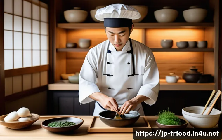 전통음식조리사 국가별 자격증 비교 - A skilled Japanese washoku chef in a traditional kitchen, wearing a clean white chef’s uniform and a...