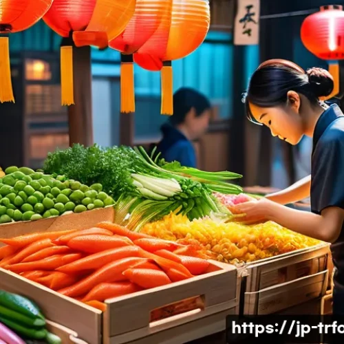 전통음식조리사 초보자가 알아야 할 것 - A vibrant Japanese market scene focusing on a person carefully selecting fresh ingredients: clear, s...