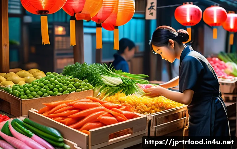전통음식조리사 초보자가 알아야 할 것 - A vibrant Japanese market scene focusing on a person carefully selecting fresh ingredients: clear, s...