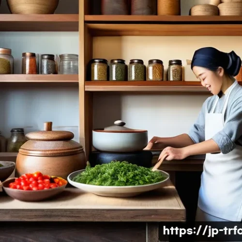전통음식조리사 이론 공부 방법 - A cozy traditional Japanese kitchen scene showcasing a chef in traditional attire wearing a white ap...