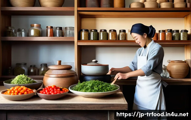 전통음식조리사 이론 공부 방법 - A cozy traditional Japanese kitchen scene showcasing a chef in traditional attire wearing a white ap...