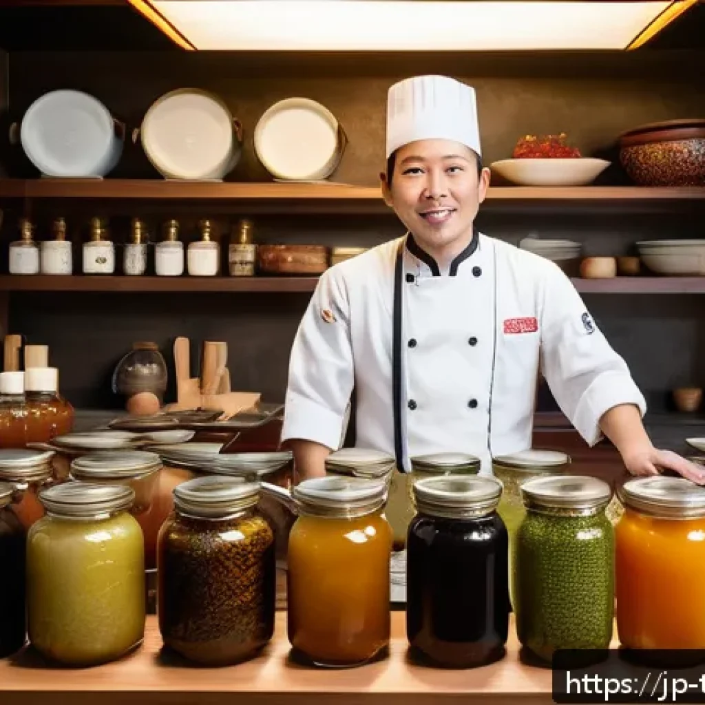 전통음식조리사의 해외 연수 경험 - A traditional Japanese kitchen scene blending with Southeast Asian influences, featuring a chef care...
