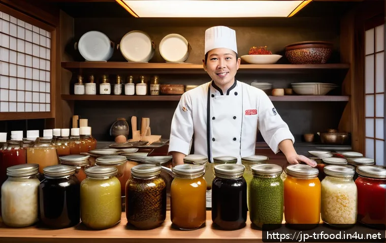 전통음식조리사의 해외 연수 경험 - A traditional Japanese kitchen scene blending with Southeast Asian influences, featuring a chef care...