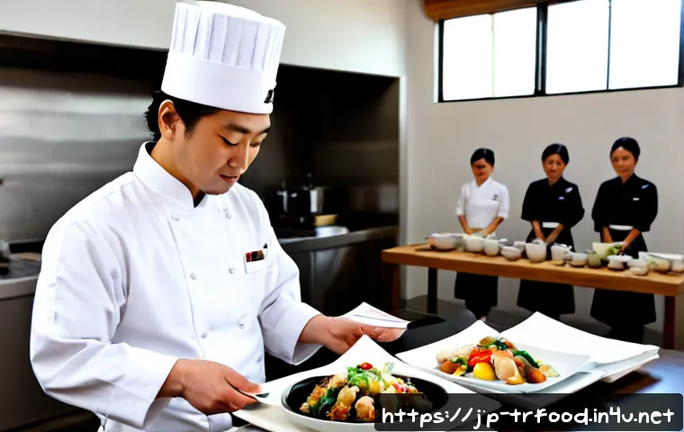 전통음식조리사 자격증의 국제 인정 여부 - Photorealistic professional scene of a Japanese traditional cuisine chef in a crisp white uniform an...